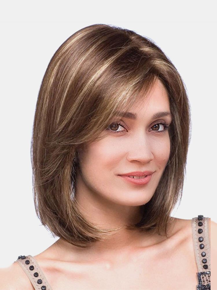 Short Mix Color Stylish Highlight Synthetic Wig Natural Curly Hair Capless Side Bang 32cm