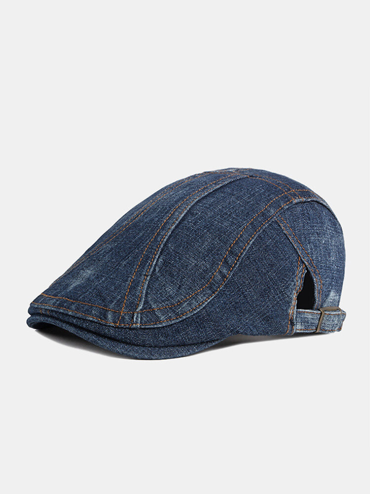 Men Washed Denim Solid Topstitched Patchwork Casual Vintage Forward Hat Newsboy Cap Beret Flat Cap