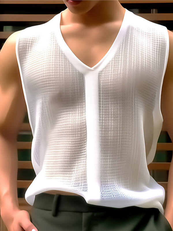 قميص رجالي شبكي شفاف من خلال فتحة رقبة على شكل حرف V بدون أكمام