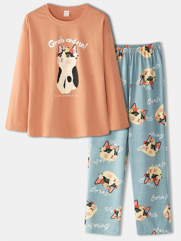 Women Lovely Cat Print Home Long Sleeve Loose Pants Two-Piece Lounge Pajamas Set
