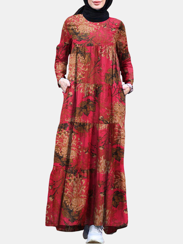 Women Ethnic Calico Print Pocket Patchwork Casual Maxi Dress