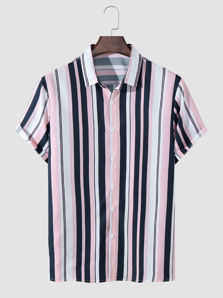 Mens Vertical Striped Button Up Daily Short Sleeve Shirts