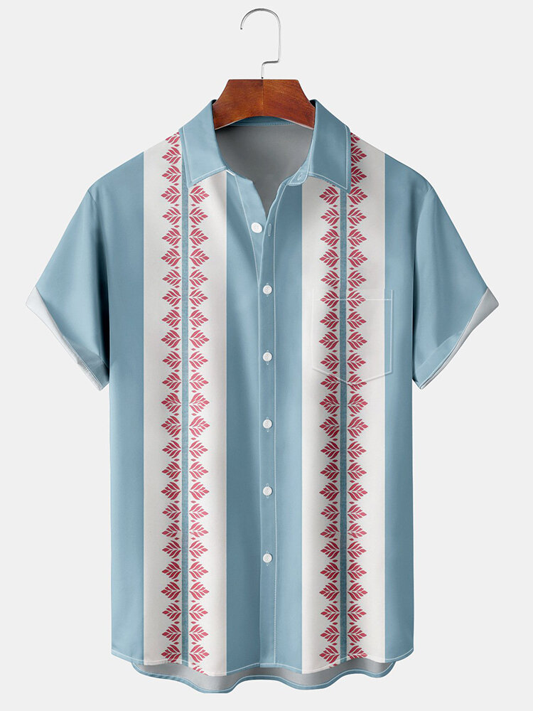 Mens Leaf Striped Print Button Up Short Sleeve Shirts