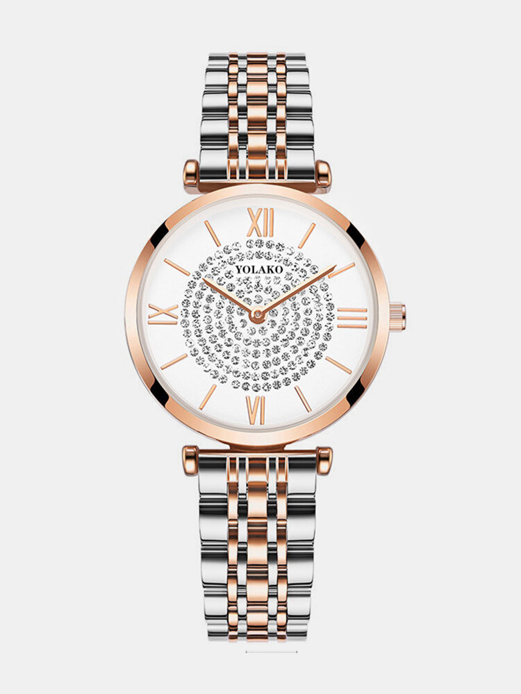 Trendy Elegant Women Watches Full Alloy Roman Numerals Rhinestones Mount Dial Quartz Watches