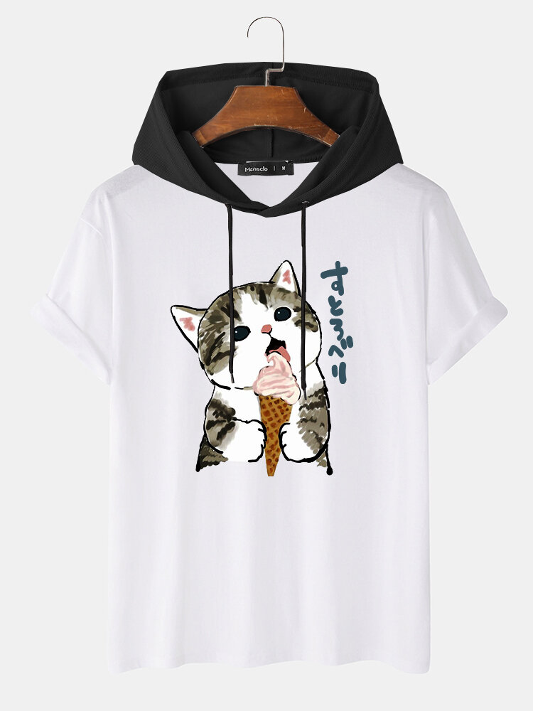 Camisetas masculinas fofas de gato com estampa japonesa manga curta com cordão e capuz
