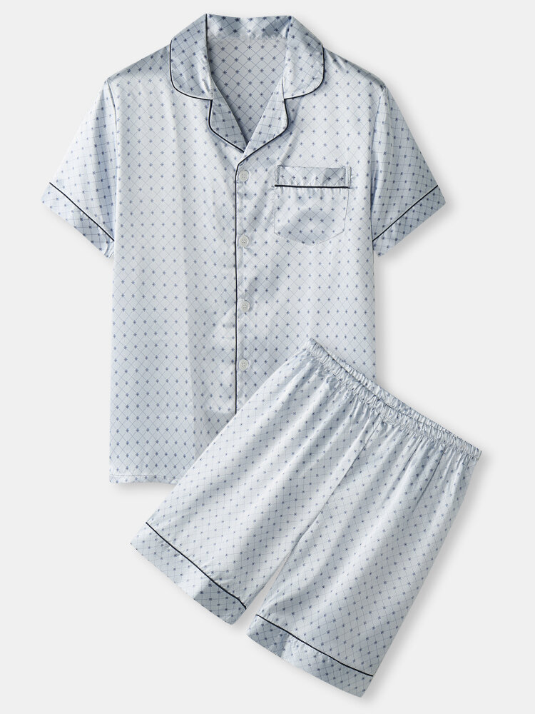 Mens Grid Geo Print Revere Collar Satin Pajamas Sets With Contrast Binding