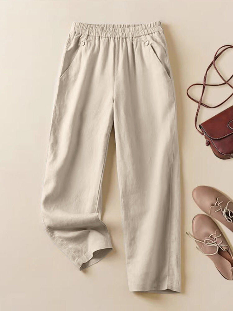 Feminino sólido botão detalhe algodão casual Calças com bolso