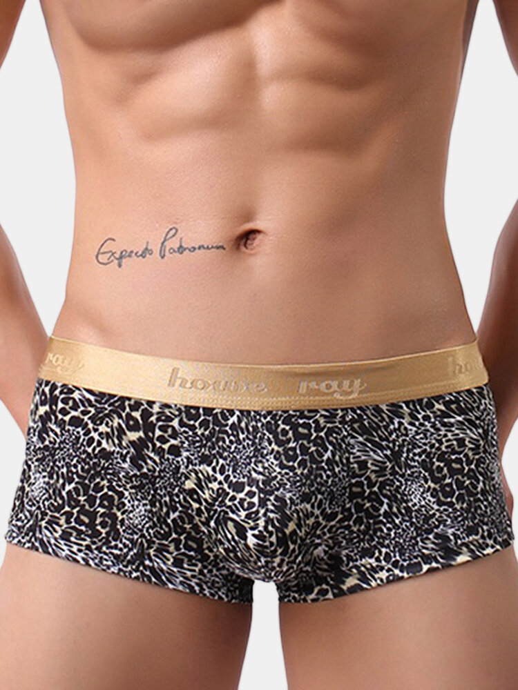 

Men Smooth Leopard Print Underwear Widen Elastic Waistband Pouch Boxer, #01