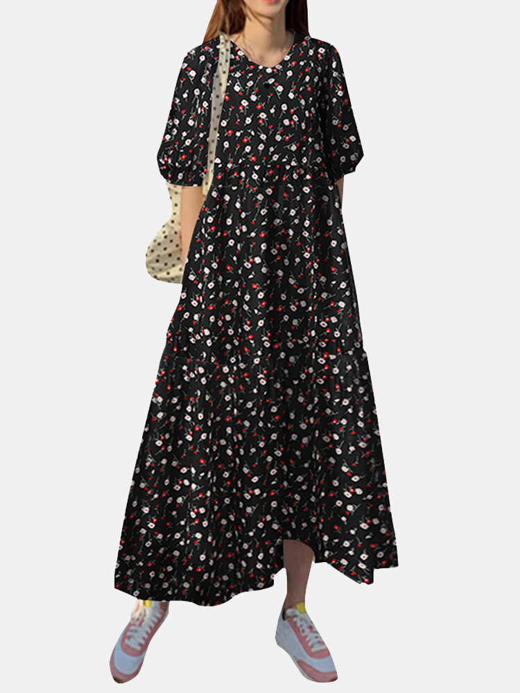 Floral Print Pocket Half Sleeve Ruffle Casual Maxi Dress