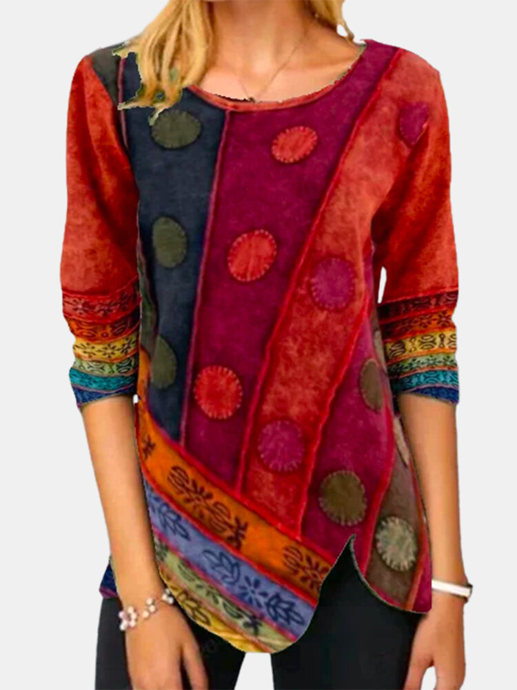 

Asymmetrical Hem Ethnic Print O-neck Corduroy Plus Size Blouse, Grey;purple;red;blue