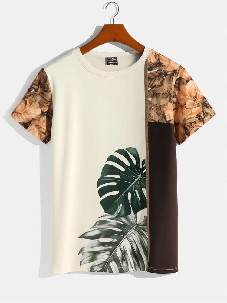 

Mens Tropical Plant Print Patchwork Hawaiian Vacation Short Sleeve T-Shirts, Apricot