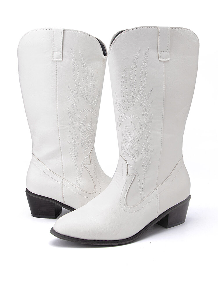 Large Size Women Casual Leaf Embroidery Pointed Toe Mid-Calf White Cowboy Boots