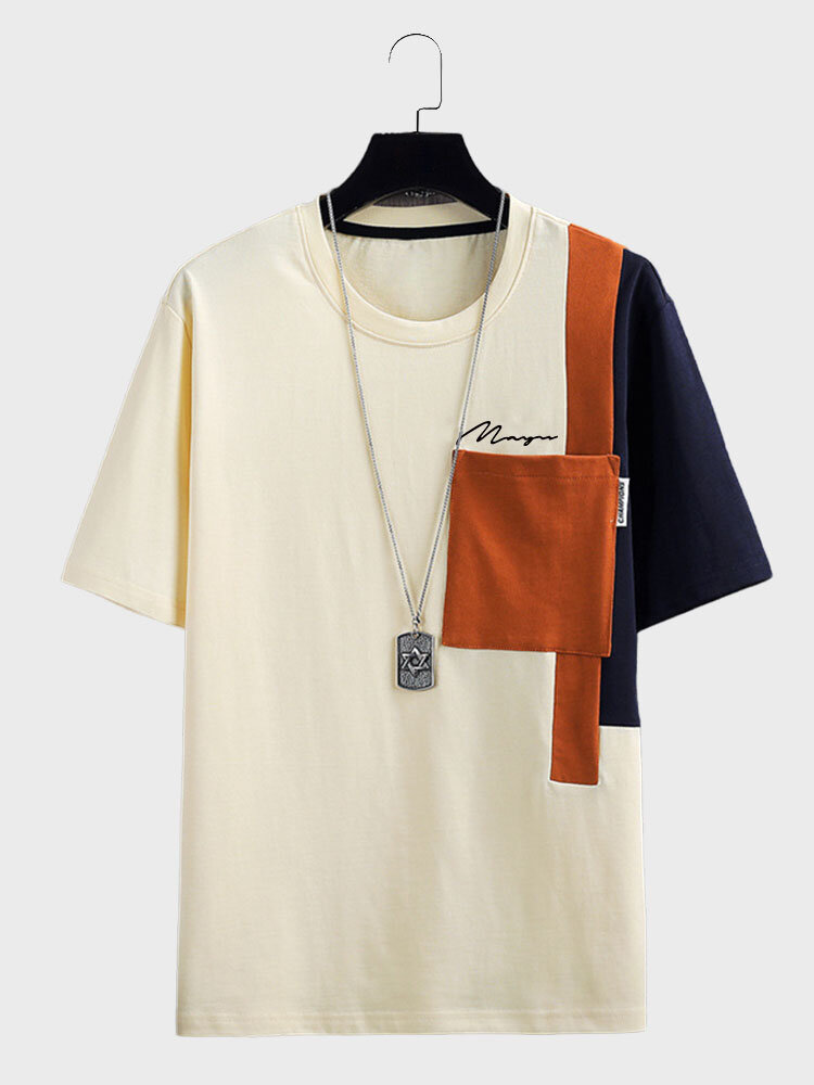 Herren-T-Shirts mit Farbblock-Patchwork und Brusttasche, Rundhalsausschnitt, kurzärmelig