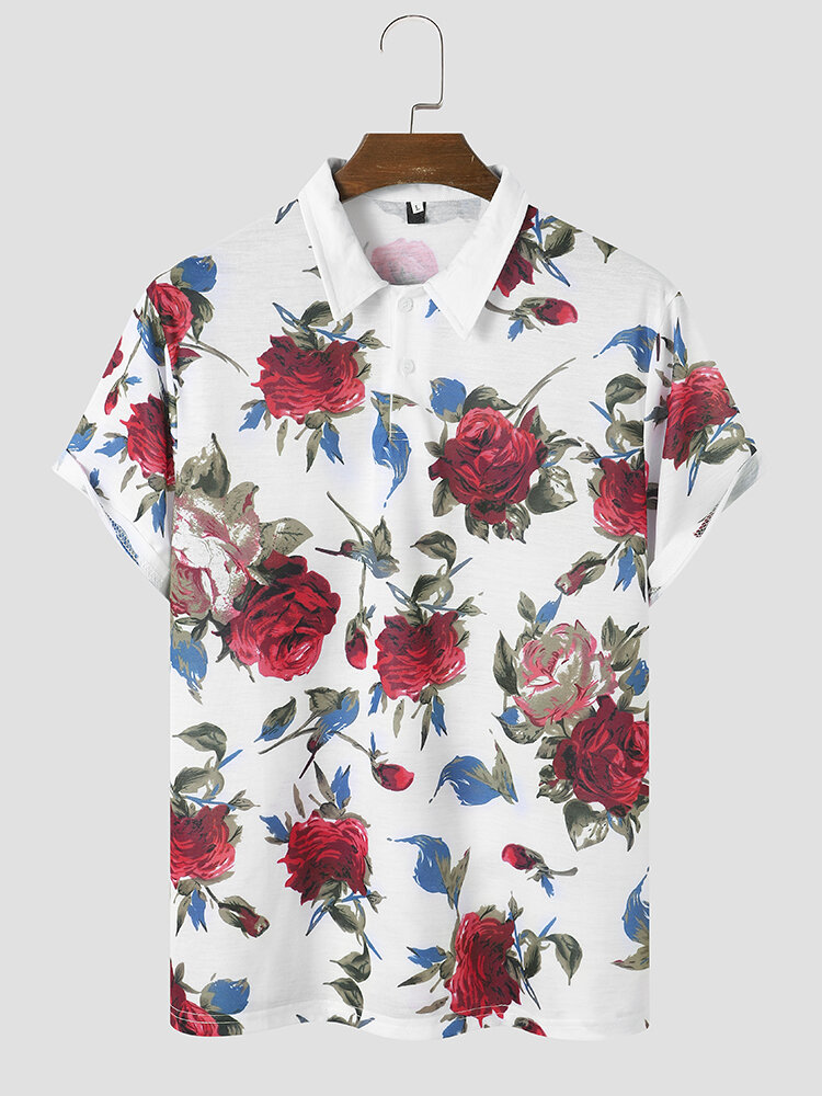 Men Rose Print Contract Trim Short Sleeve Casual Polos Shirts