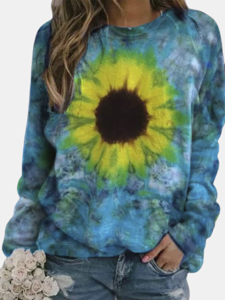 Sunflower Printed Long Sleeve O-neck Sweatshirt For Women