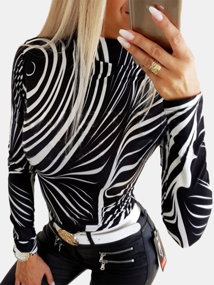 Zebra Print Bodycon Long Sleeves Base Blouse for Women
