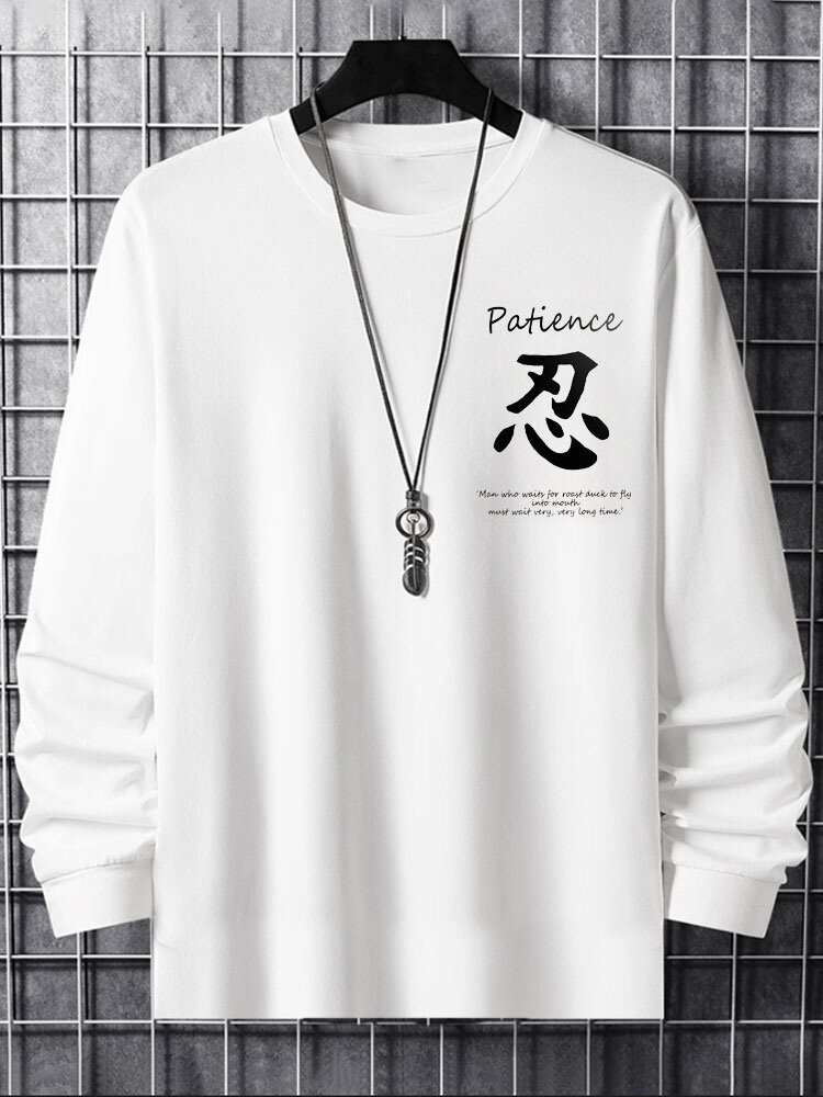 Mens Chinese Character Letter Print Crew Neck Long Sleeve T-Shirts Winter