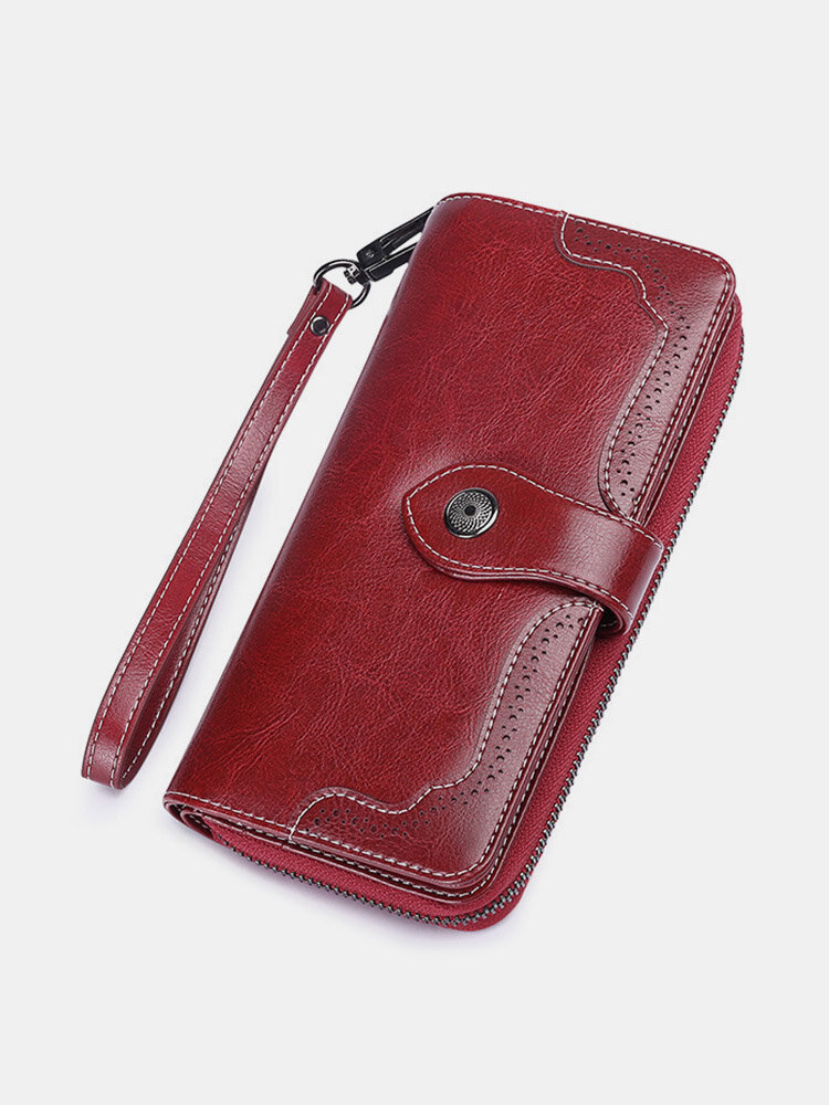 Women Bifold Oil Wax Genuine Leather Long Wallet 10 Card Slot Phone Purse Vintage Coin Bag