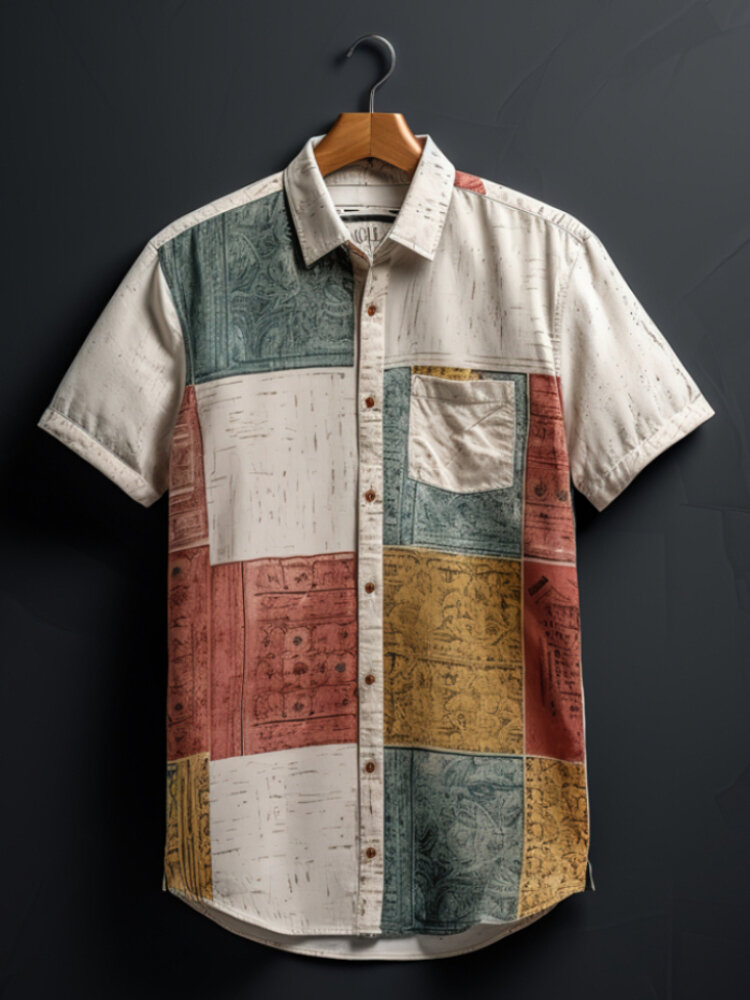 Mens Vintage Print Color Block Button Up Short Sleeve Shirts