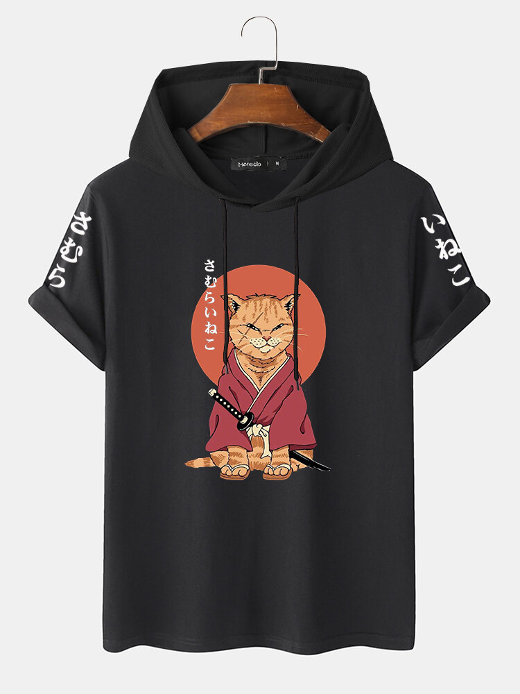 Mens Japanese Warrior Cat Graphic Short Sleeve Hooded T-Shirts