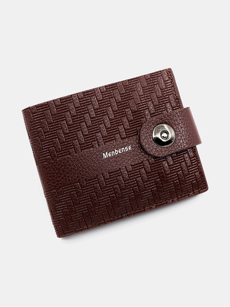 Men Artificial Leather Vintage Embrossed Design Brief Short Wallet Magnet Button Interior Zipper Pocket Slim Purse