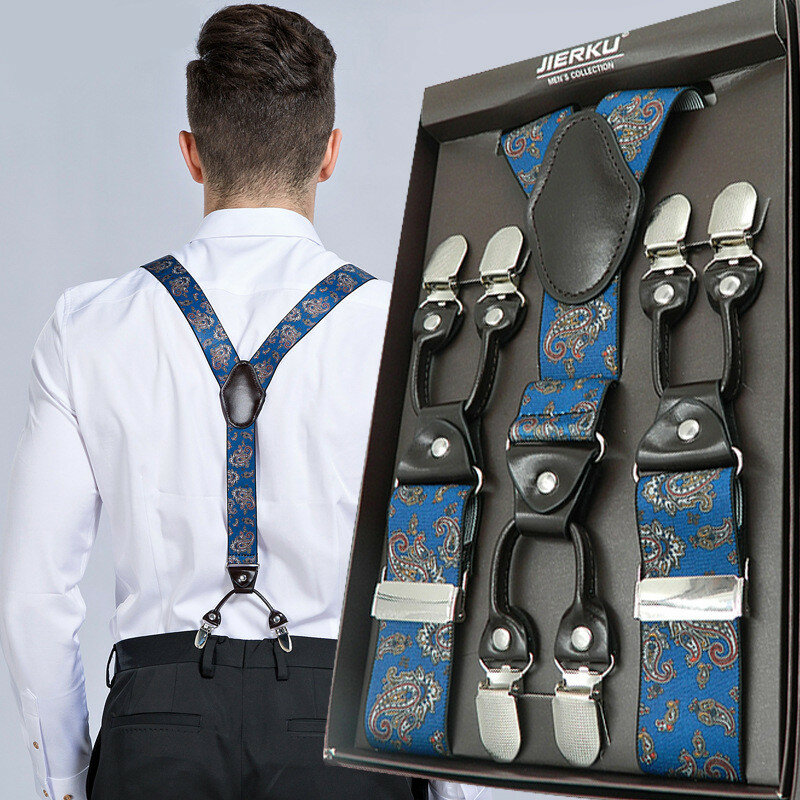 

125CM Men's Suspenders Casual Braces High Elastic Leather Suspenders Adjustable 6 Clip Belt Strap, Royal blue;red