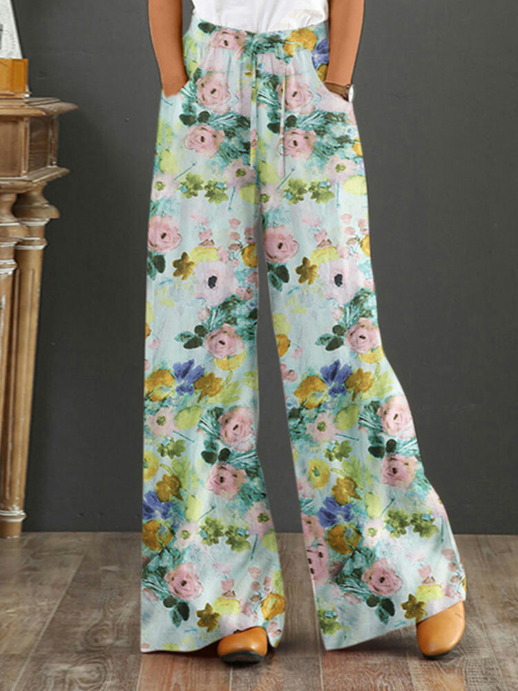 Damen-Hose mit Aquarell-Blumendruck, Kordelzug an der Taille, gerade Hose