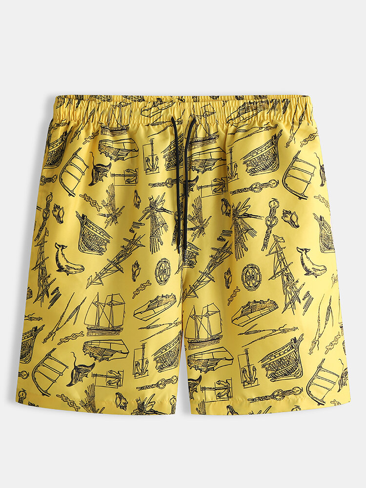 Men Yellow Mesh Liner Quick Dry Board Short Printing Mid Long Casual Shorts