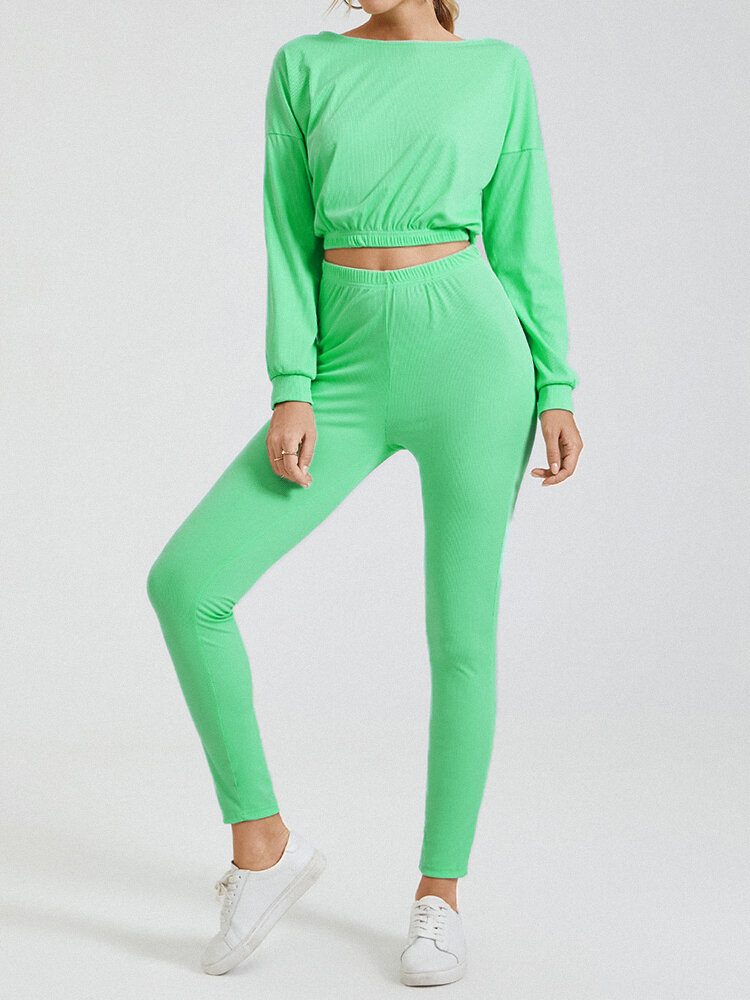 Solid Color Ribbed Long Sleeve Elastic Waist Pants Sport Casual Suit, Green