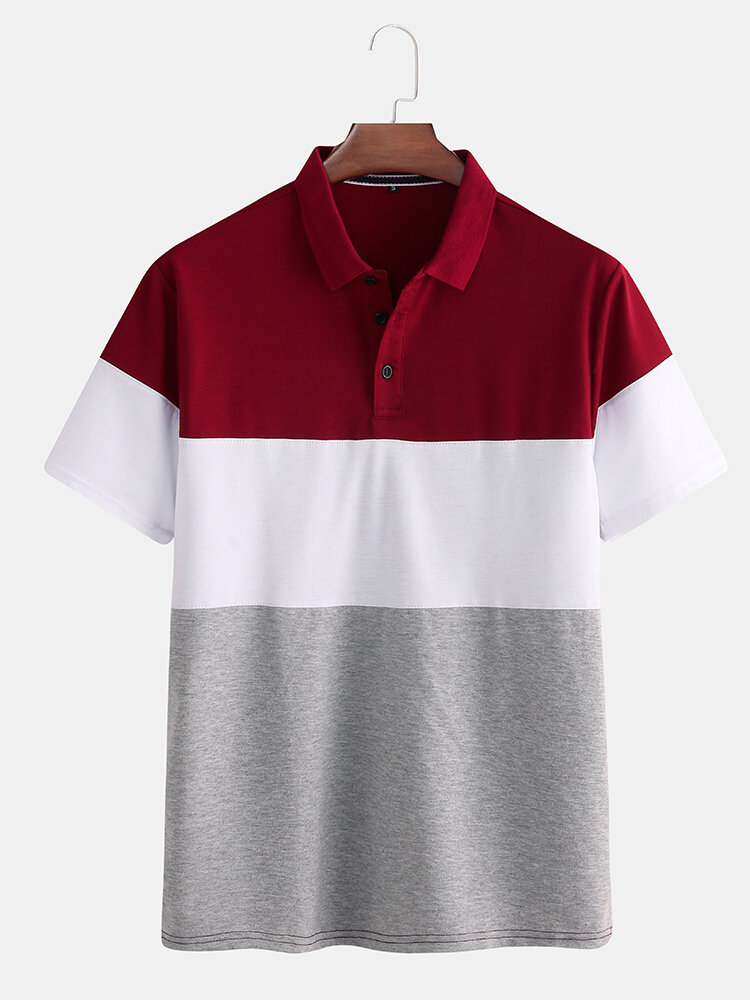 Mens 100% Cotton Color Block Patchwork Short Sleeve Golf Shirt