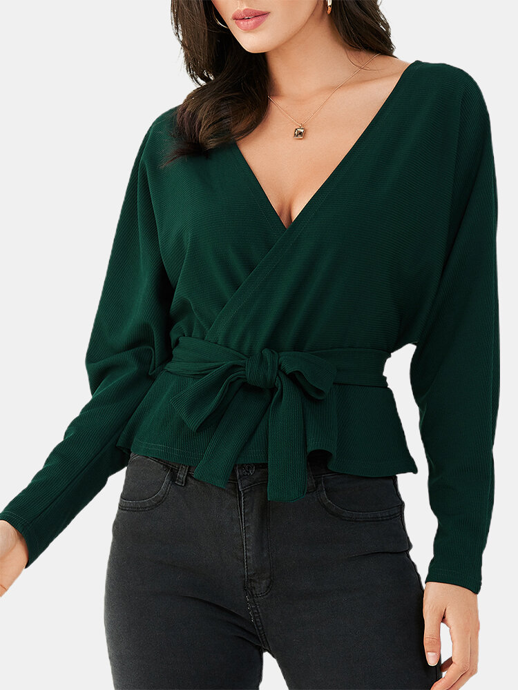 Solid Color Backless V-neck Knotted Long Sleeve Casual Sweater for Women
