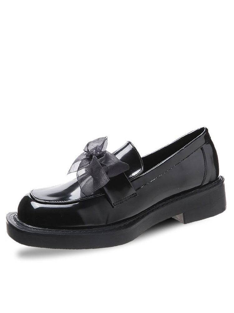 Women Fashion Ribbon Embellished Comfy Square Toe Black Loafers Shoes