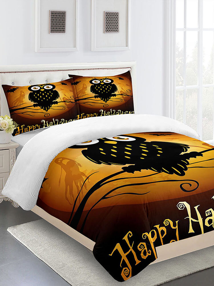 

3PCs Owl Ghost Bat Halloween Horror Series Bedroom Decoration Bedding Set Cushion Cover Quilt Cover Pillowcase