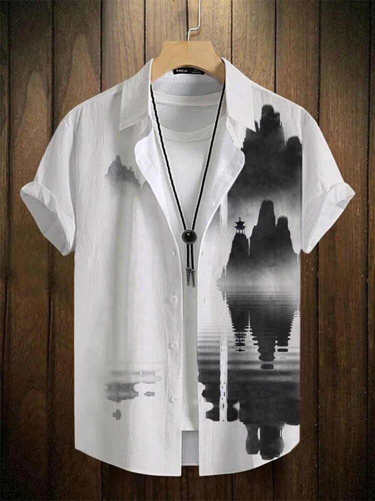Mens Chinese Mountain Landscape Ink Painting Lapel Short Sleeve Shirts