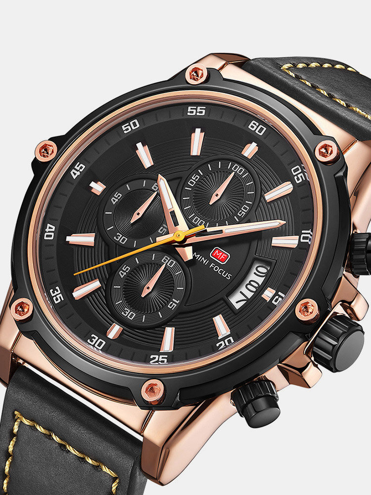 Military Style Luminous Date Leather Strap Men Wrist Watch Quartz Watch