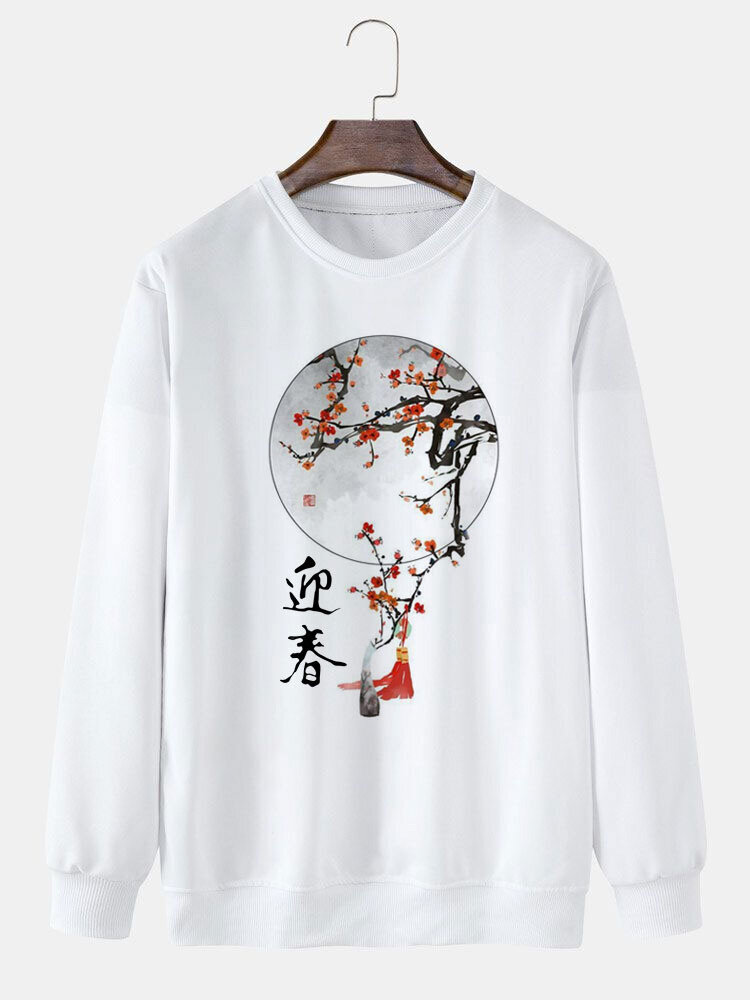 Mens Chinese Knotting Floral Print Crew Neck Pullover Sweatshirts Winter