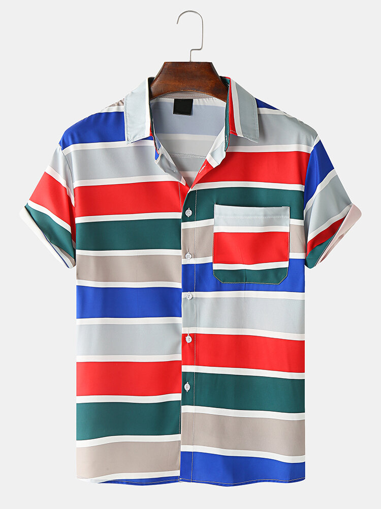 Mens Striped Color Block Short Sleeve Street Regular Hem Shirt