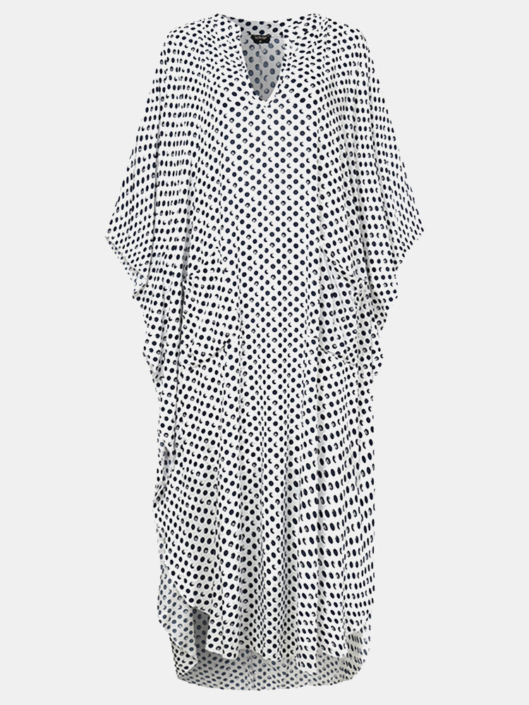 

Polka Dot Loose V-neck Dolman Sleeve Print Dress For Women, Black;white;navy
