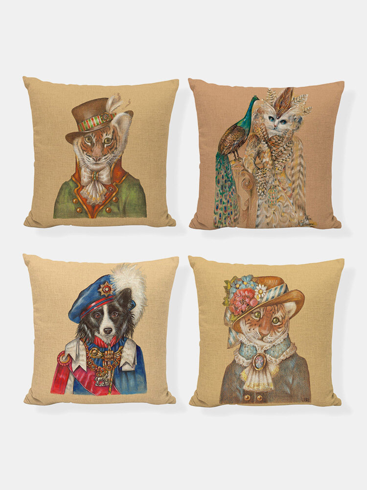 

4PCS Dog Cat Animal Cosplay Role Playing Pattern Personification Noble Funny Creative Linen Cushion Cover Home Sofa Couc
