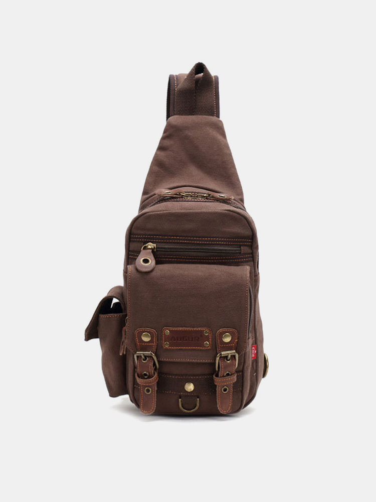 Men Genuine Leather And Canvas Travel Outdoor Carrying Bag Personal Crossbody Bag Chest Bag Sling Bag