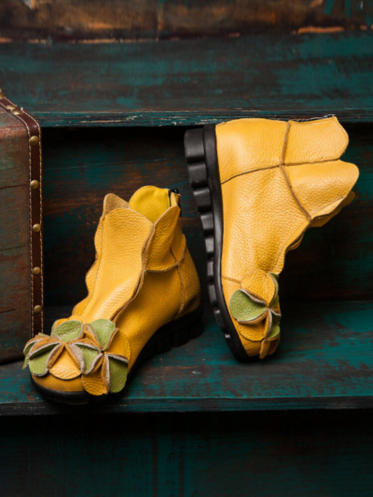 Socofy Leather Vintage Floral Patchwork Back Zip Flat Ankle Boots