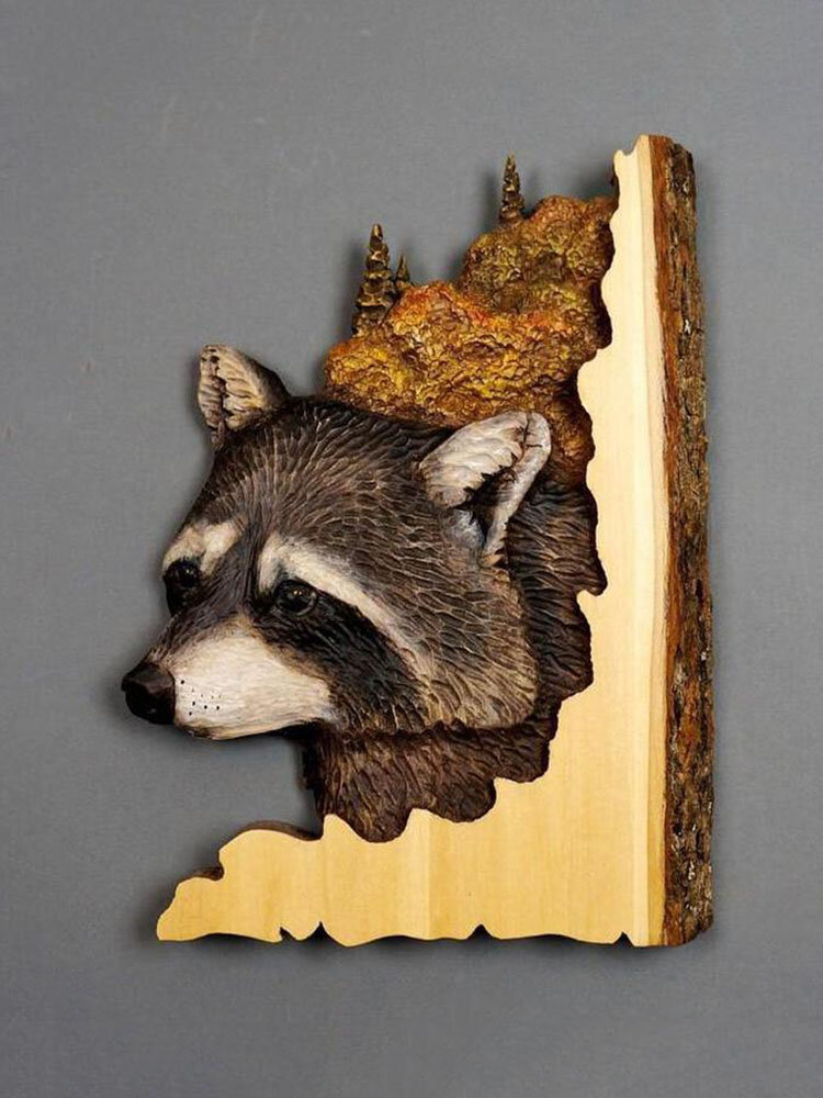 1 PC Animal Carving Handcraft Wall Hanging Sculpture 3D Raccoon Bear Deer Wolf Hand Painted Decorations for Home Living