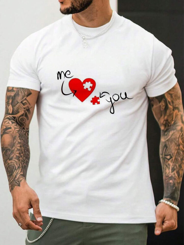 

Mens Heart Puzzle Letter Print Valentine' Day Short Sleeve T-Shirts Winter, White