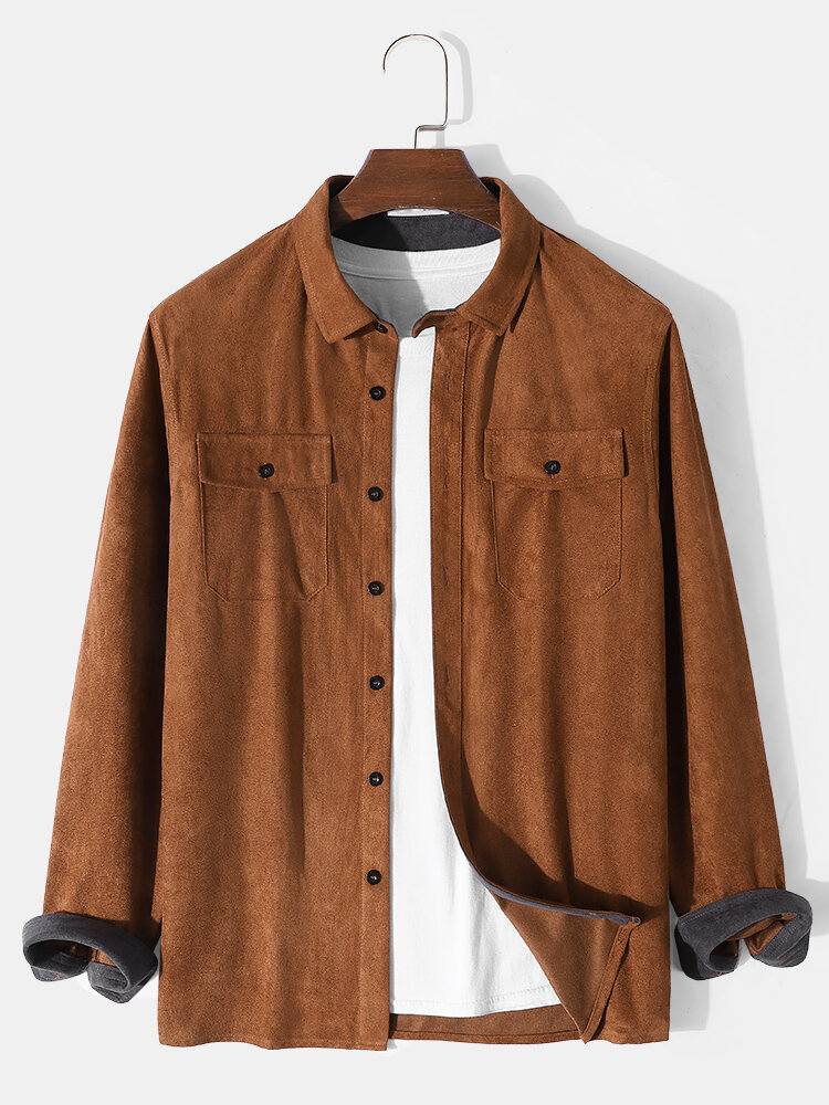 Mens Faux Suede Flap Pocket Lapel Solid Casual Long Sleeve Shirts
