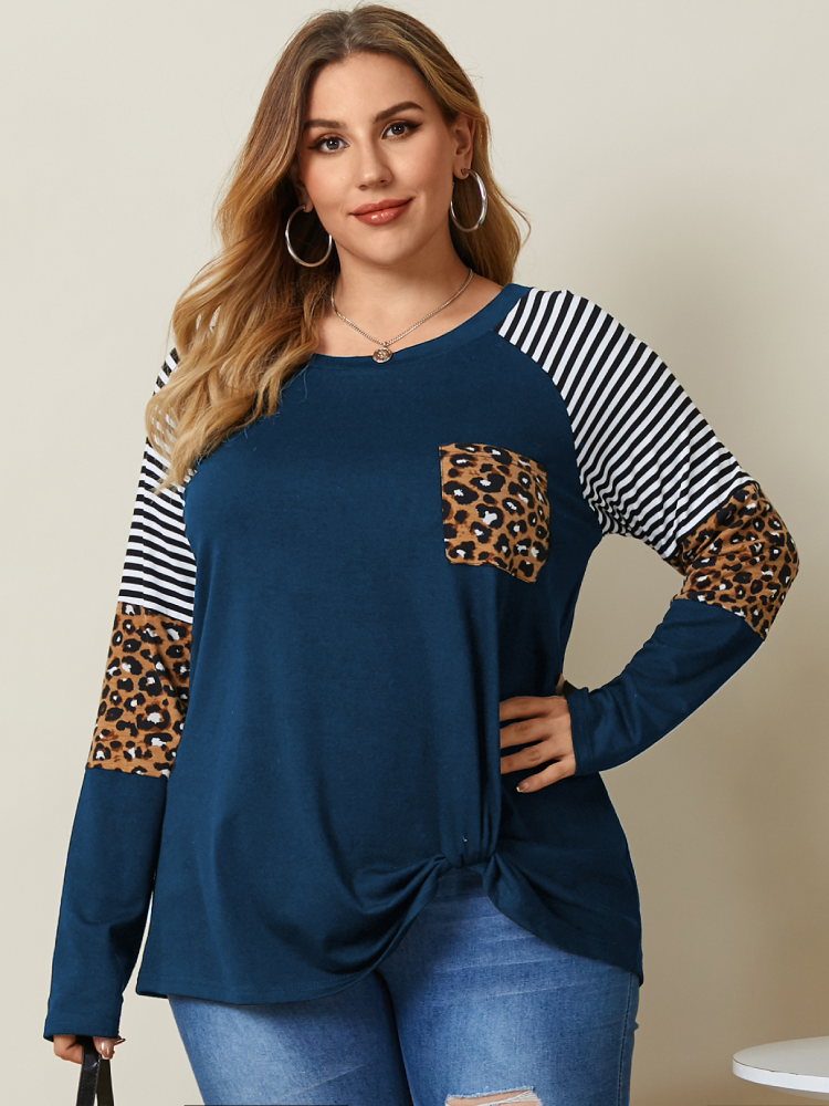 Camiseta de manga larga con cuello redondo y estampado de rayas de leopardo Plus Talla con bolsillo