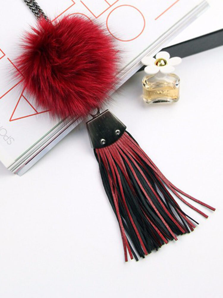 Simple Women Tassel Necklace Leather Wool Ball Sweater Necklace
