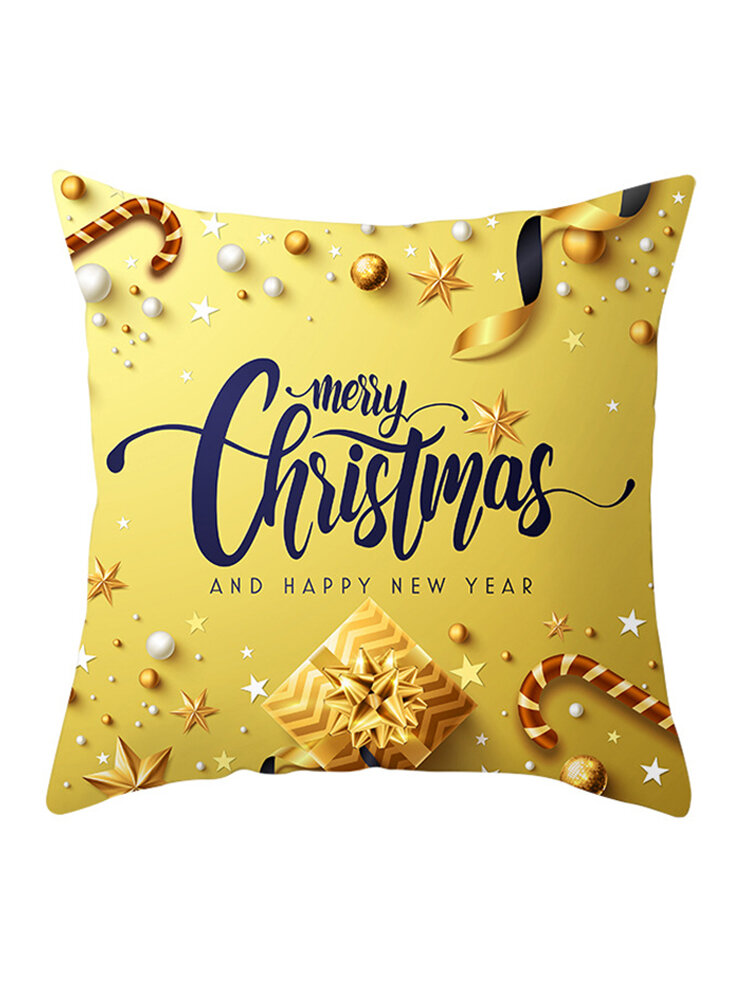 Golden Jingle Merry Christmas Linen Throw Pillow Case Home Sofa Christmas Decor Cushion Cover 