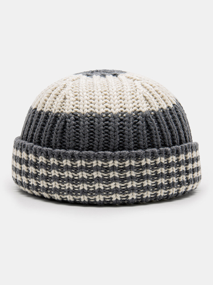 Unisex Knitted Color Contrast Striped All-match Warmth Ear Protection Brimless Beanie Landlord Cap Skull Cap