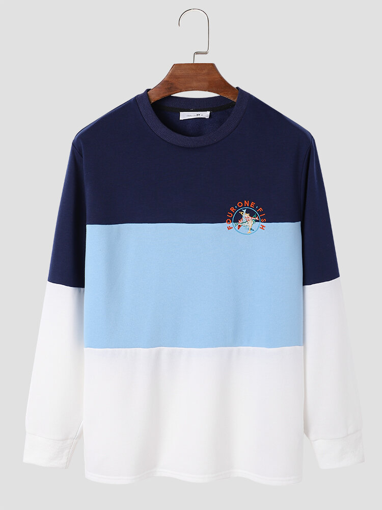 Mens Panel Stitching Fish Embroidered Crew Neck Long Sleeve T-Shirts
