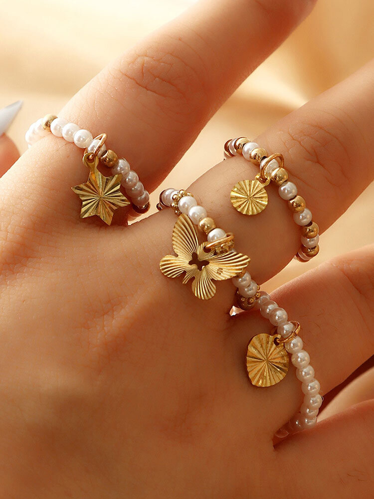 4 Pcs/Set Trendy Vintage Butterfly Star Geometric Pendant Color Contrast Pearl Rice Beads Beaded Alloy Elastic Rings
